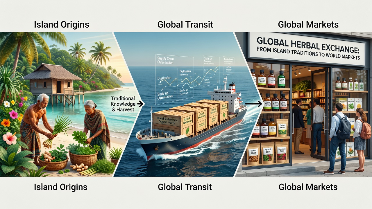Global market display of packaged herbal extracts originating from island-grown plants